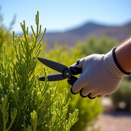 Landscaper pruning shrubs in a well-maintained Green Valley backyard