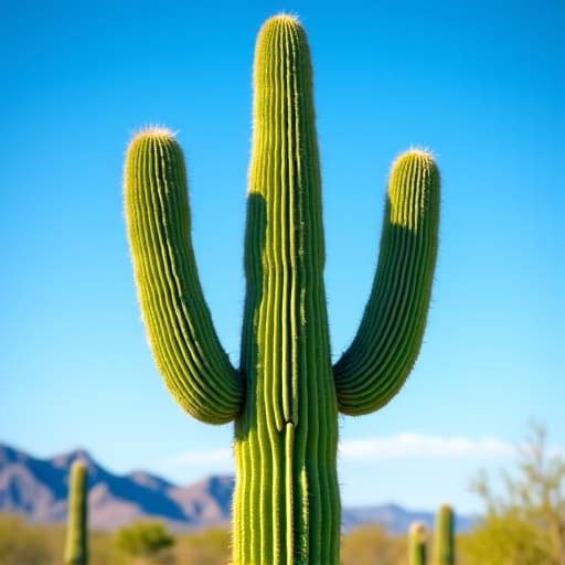 Protected Saguaro cactus standing tall with arid landscape