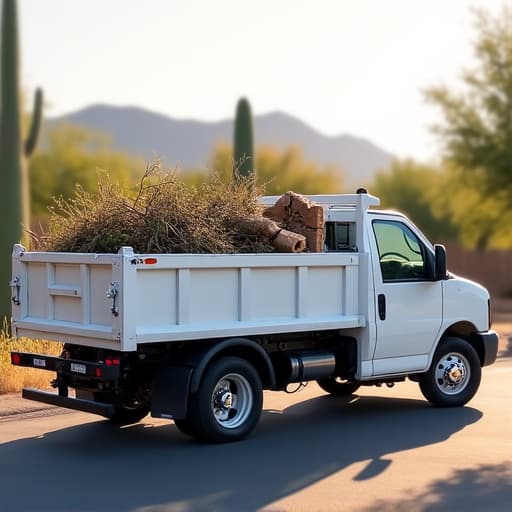 junk removal truck hauling debris with Casas Adobes landscape in background