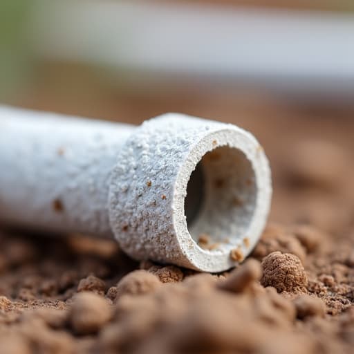 Close-up of a damaged drip irrigation line with mineral deposits from hard water