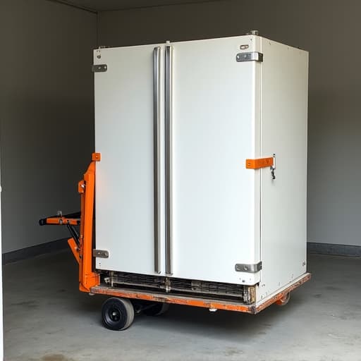 An old refrigerator being moved out of a garage by two professionals holding straps