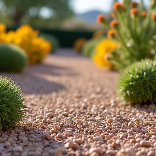 Flower beds expertly mulched with decomposed granite in Oro Valley, AZ, enhancing plant health and aesthetic appeal.