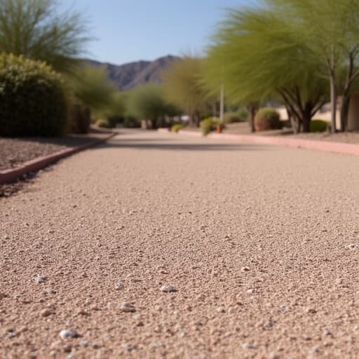 Newly installed gravel driveway with clean edges in Tucson, AZ, showcasing professional landscaping and debris management.