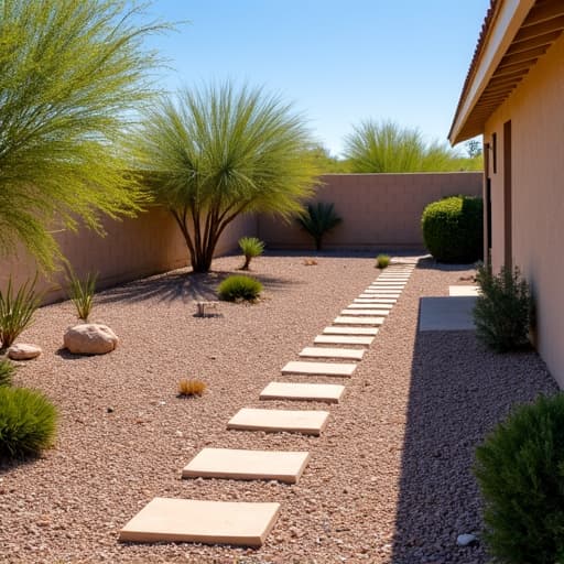 Vail residential yard debris hauling after. After picture of the same residential backyard in Vail, Arizona, now spotless and organized, with all yard waste and debris efficiently hauled away, creating a clean and appealing outdoor space.
