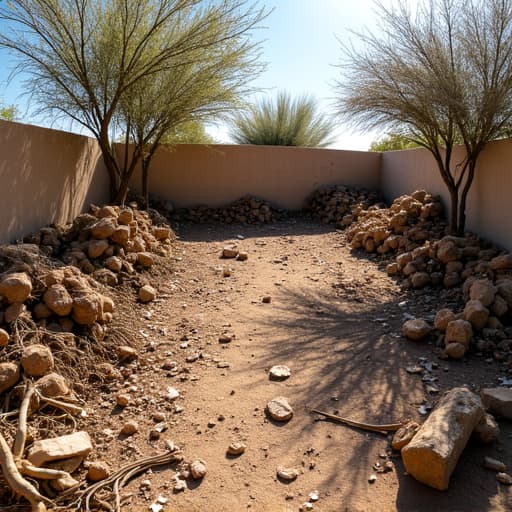 Vail yard cleanup monsoon debris removal before. Before shot of a residential yard in Vail, Arizona, showing heavy monsoon storm debris scattered across the property, including broken branches, leaves, and general clutter that needs hauling away.