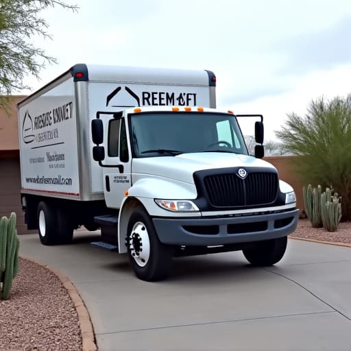 A junk removal truck with a pile of yard debris next to it in a Marana backyard with desert landscaping.