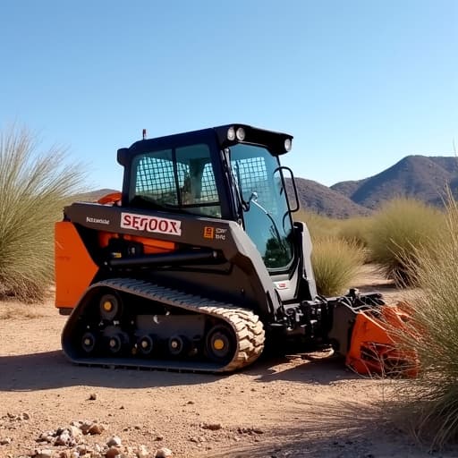 Heavy-duty brush clearing equipment operating in a desert landscape
