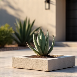 Clean-line modern desert landscaping at an entryway featuring geometric planters and native plants