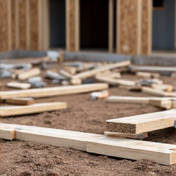 Construction debris Tucson site before debris hauling. A construction site filled with various building materials, lumber scraps, and general waste in Tucson.