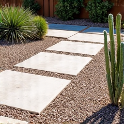 Contemporary gravel patio design with large pavers and drought-tolerant plantings