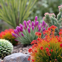 Vibrant drought-tolerant garden with colorful native plants and thoughtful rock placement