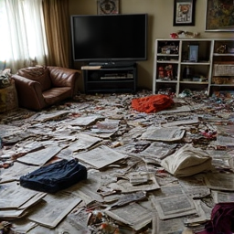 Hoarder house cleanup Tucson bedroom before. A bedroom dense with accumulated items, clothes, and various belongings, typical of a hoarder situation in Tucson.