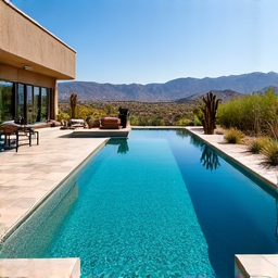 Infinity pool surrounded by modern desert landscaping and breathtaking mountain views