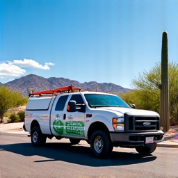 professional landscaping and junk removal company truck in Tucson, Arizona with desert landscape in background