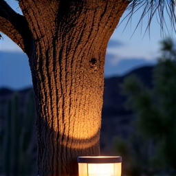 Luxury landscape lighting illuminating a desert garden at night, enhancing curb appeal