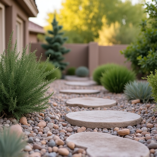 Residential yard cleanup service in Marana, AZ, featuring a neatly cleared desert landscape with a rock pathway and native plants. A team provides expert debris hauling