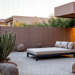 Minimalist desert yard design with an outdoor seating area and artistic rock arrangements