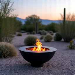 Modern desert landscape design with a sleek fire pit and seating area, enhancing outdoor living