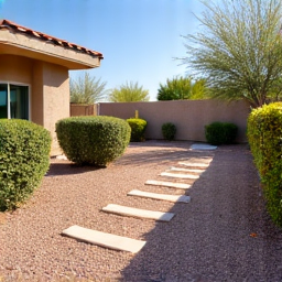Clean and well-maintained desert yard after yard waste removal in Oro Valley. This image displays a beautifully cleared desert landscape, enhancing curb appeal and order.