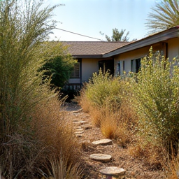 Overgrown garden with weeds and neglected plants before yard cleanup in Oro Valley. This image shows a garden crying out for attention, demonstrating a significant cleanup project.