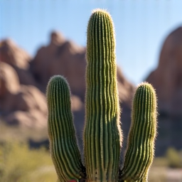 Close-up of newly planted Saguaro cactus integrated into a desert rock landscape
