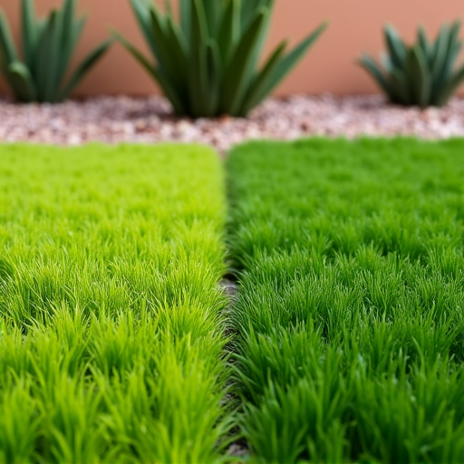Realistic artificial turf beside newly installed vibrant green sod in a Tucson yard under natural sunlight