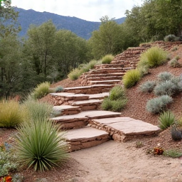 Terraced garden design on a steep hillside creating usable space and reducing erosion