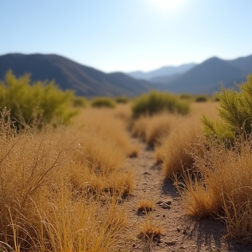 Before brush clearing Rincon Valley Vail. Before professional brush clearing and lot cleanup for wildfire mitigation in Rincon Valley, Vail, AZ. The image shows an overgrown lot with dense brush and weeds, posing a fire hazard.
