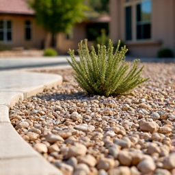 Gravel rock landscaping installation Del Lago Vail. Professional gravel and rock landscaping installation at a residential property in Del Lago, Vail, AZ. The image features a newly installed decorative rock bed with clean edges.