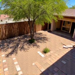 Yard cleanup Tucson graveled landscape after. A beautifully landscaped backyard with fresh gravel, neatly trimmed plants, and a clean, inviting appearance in Tucson.