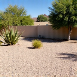 Yard cleanup Tucson overgrown garden before. An untamed backyard with overgrown weeds, shrubs, and scattered debris requiring professional yard cleanup in Tucson.